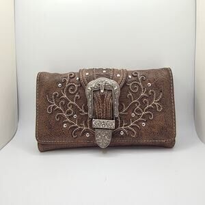 Zelris Western Tooled Embossed Wallet Brown Faux Leather Checkbook ClutchBuckle